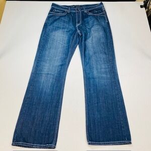 Helix Mens Relaxed Boot Jeans 34W 32L Blue Medium Wash Contrast Stitch Y2K Denim